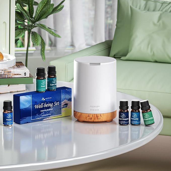 ASAKUKI Essential Oil Diffuser for Home, 300 ml Aromatherapy Diffuser with 6 Essential Oil Sets, Automatic Shut-Off, 7 LED Lights for Living Room, Kitchen, Bedroom, Hotel - Brown with Oils