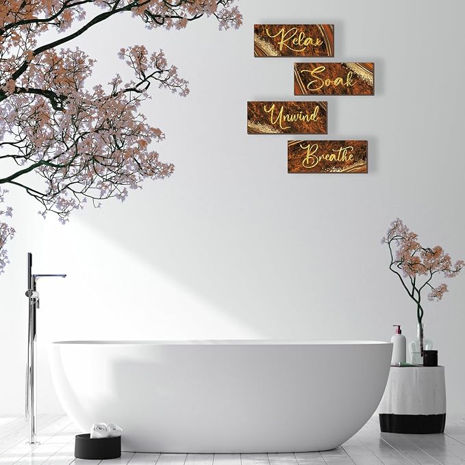 ONIZHITY 4 Pcs Wooden Rustic Marble Style Bathroom Accessories - Orange Gold Wall Decor for Bedroom, Living Room, Office, Kitchen (10X4)