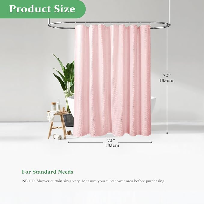 Dynamene Pink Fabric Shower Curtain - Waffle Weave Textured Heavy Duty Cloth Shower Curtains for Bathroom, 256GSM Hotel Luxury Weighted Bath Curtain Set with 12 Hooks,72x72, Pink