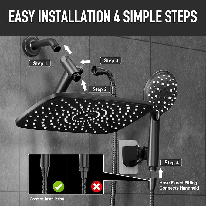 Veken 11.8'' Rain Shower Head with Handheld, High Pressure Rainfall Showerhead Combo with 5 Hand held Water Spray Modes for Bathroom Accessories, Home Decor, Detachable Dual Shower Heads, Matte Black