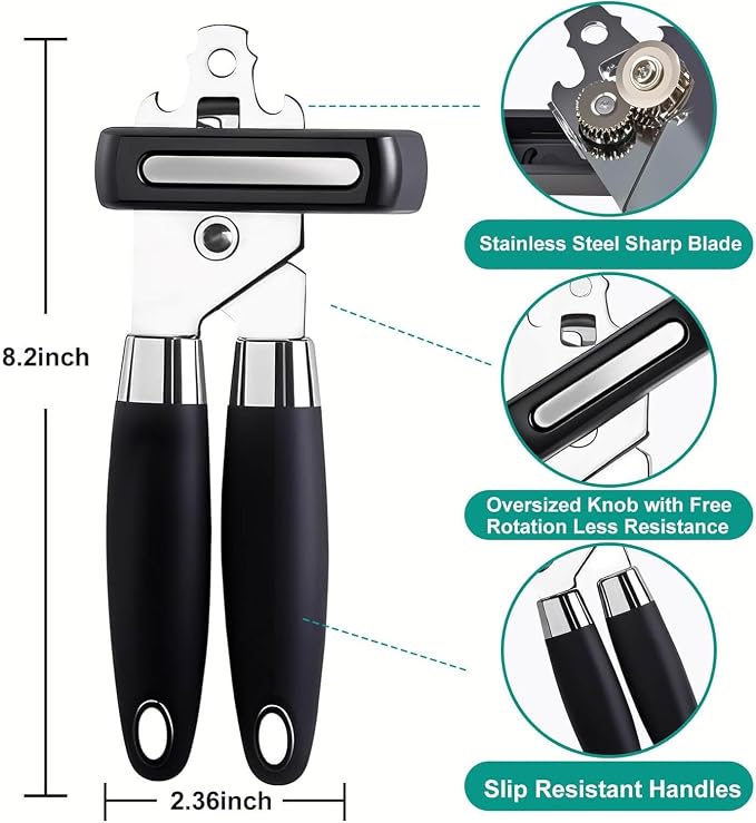 Multifunctional Stainless Steel Manual Can Opener and Bottle Opener, Heavy Duty Hand Held Can Opener with Easy Turn Knob, Sharp Blade Smooth Edge, Good Grips Kitchen Tool for Seniors (Black)