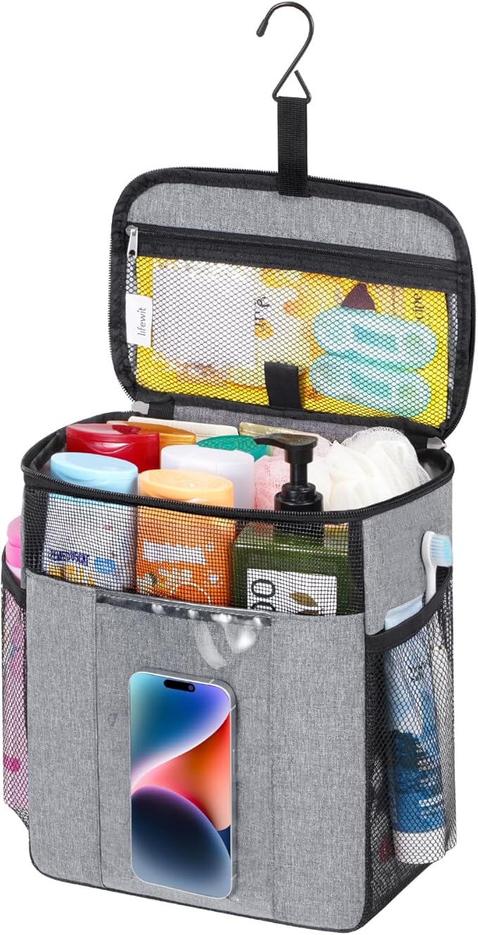 Lifewit Mesh Shower Caddy Bag Portable, Quick Dry Hanging Bathroom Organizer with PVC Phone Bag, College Dorm Room Essentials for Travel, Gym, Camping, Toiletry Tote for Women Men, Large, Grey