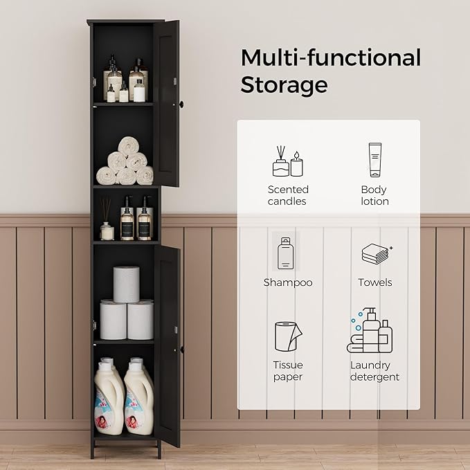 Homleke Tall Bathroom Storage Cabinet with 2 Doors, 67"H Narrow Storage Cabinet with Adjustable Shelves& Anti-Tip Design, Reversible Door Installation, Easy Assembly, 11.8 x 11.8 x 66.9 Inches, Black