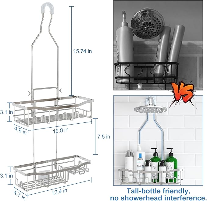 Shower Caddy Hanging for Bathroom: Adjustable Height No Blocking to Shower Head - Rustproof Shower Caddy Over Showerhead - Shower Organizer with Hooks Soap Holder, Silver