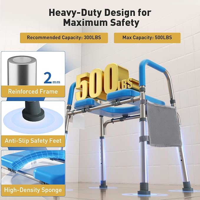 WHLICKS 500lbs Toilet Seat Risers with Handles, Padded Raised Toilet Seat for Seniors, Adjustable Height Toilet Riser, Handicap Elevated Seat, Fit Any Toilet, Blue