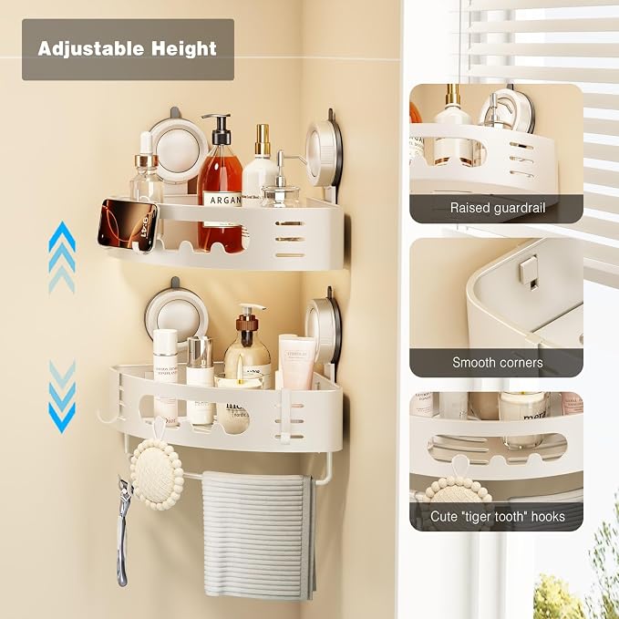 Voldra Corner Shower Caddy Suction Cup, Aluminum Corner Shower Shelves for Wall No Drilling, Large Suction Cup Shower Organizer with Towel Bar & Hooks Removable Bathroom Storage (1 Pack-Cream White)