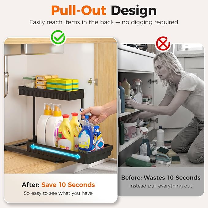 Sevenblue 3 Pack Multi-Purpose Pull-Out Storage Organizers, 2-Tier L-Shaped Under Sink/Cabinet Organizers and Storage for Bathroom & Kitchen, (Black, 12.85 Inches)