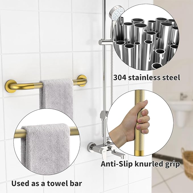 Shower Grab Bar 20 Inch, iHansee Brushed Gold Bathroom Grab Bar w/Anti-Slip Knurled Grip, Stainless Steel Bath Safety Bars Support Handrail for Senior Elderly, Toilet Bathtub Balance Handle for Wall