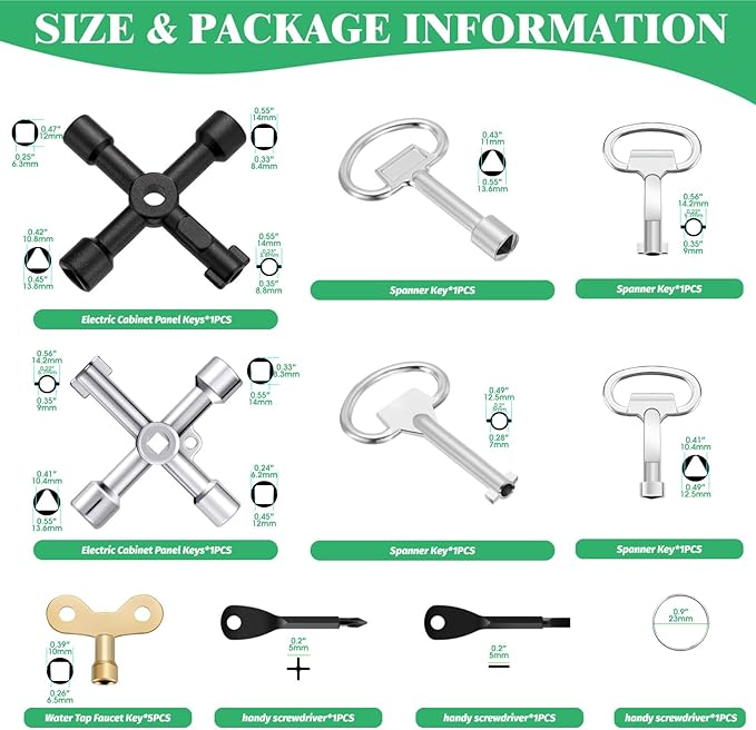 Yuahar 13 Pcs Multi-Functional Utility Key Kit Contains 4-Way Keys, Water Tap Faucet Keys, Sillcock Wrench, Cabinet Spanner Key for Radiators Gas Electric Meter Boxes Garden Hose