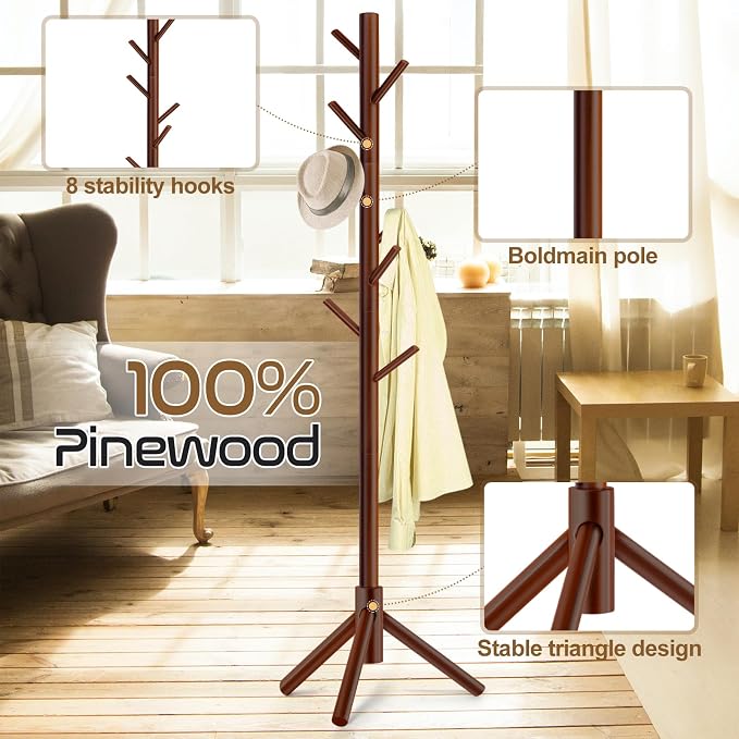 2 PC Wooden Coat Rack Freestanding with 8 Hooks & 3 Adjustable Sizes for Clothes, Space-Saving Design for Bedroom Office Entrance Holds Hats Coats Scarves Bags