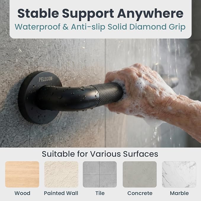PELEGON Grab Bars for Shower 2-Pack 16 Inch - Stainless Steel Shower Grab Bars for Seniors - Bathroom Safety Handle Non-Slip Grip Rust Resistant Wall Mounted Support Bar for Bathtub Shower - Black