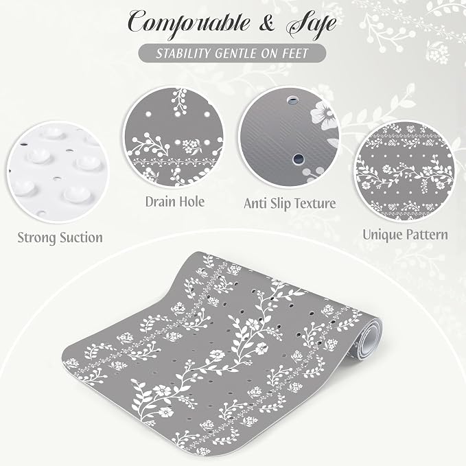 SHUCHING Gray Bath Mat for Tub Non Slip for Women-40 X 16 Inch, Flower Non Slip Bathtub Mat for Adults & Elderly Mold Free, Long Shower Mat for Inside Shower with Suction Cup, Machine Washable