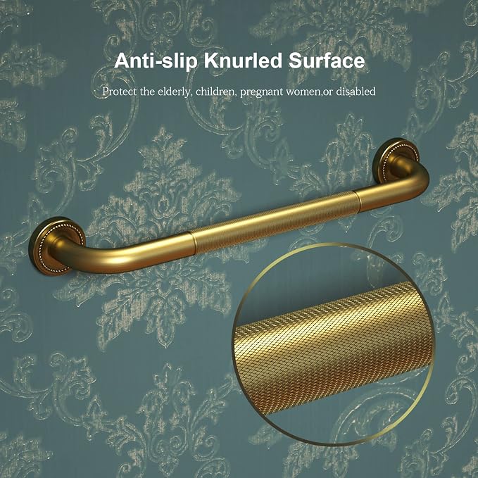 2 Pack 20 Inch Anti Slip Bronze Shower Grab Bar Polished Gold,ZUEXT Antique Brass Bathroom Grab Bar, Knurled Balance Bar,Safety Hand Rail Support Handicap Elderly Injury Senior Assist Bath Handle