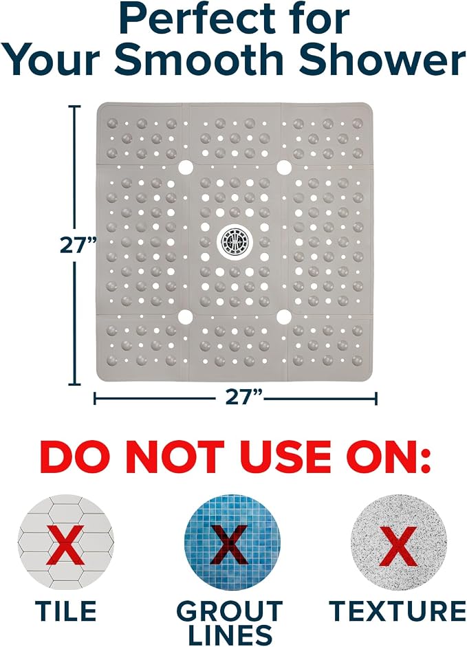 SlipX Solutions 27" Oversize Square Shower Mat, Non-Slip Mat for Elderly & Kids, 100+ Power Grip Suction Cups for Smooth Surfaces, Machine Washable, Solid Tan