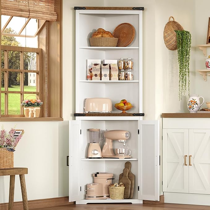 TEENFON Farmhouse Corner Cabinet, 70" H Tall Corner Hutch with 5 Shelves & 2 Barn Doors, Bathroom Cabinet with Adjustable Shelf, for Living Room, Kitchen, Bathroom, White