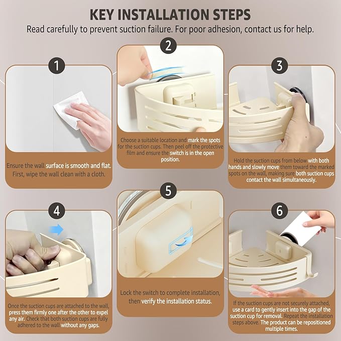 Conworld Corner Shower Caddy Suction Cups, Corner Shower Shelf, Shower Organizer Suction for Bathrooms Storage with Hooks, No-Drilling Removable (Aluminum, 2-Pack, Cream)