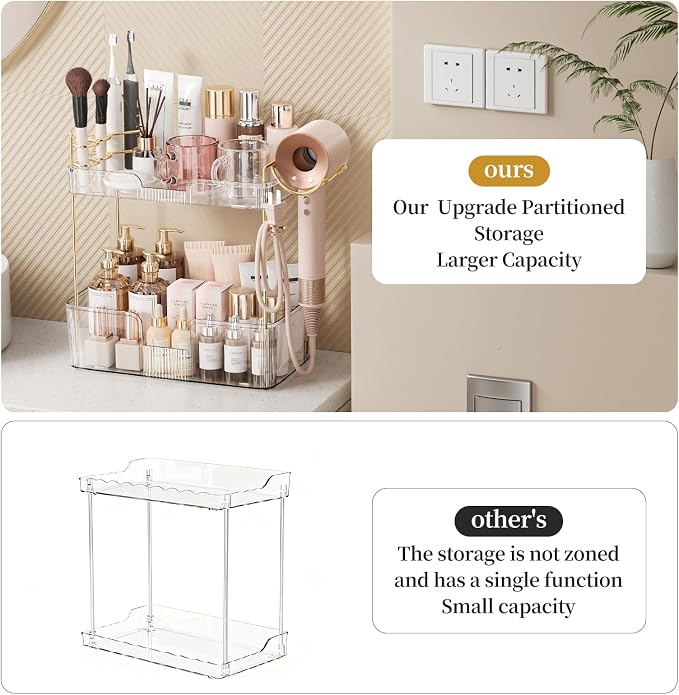 Bathroom Counter Organizer for Vanity, Makeup Organizer Countertop with Holder, Large Capacity Storage Rack, Perfect Large Skincare, Hair Care, Perfume, Easy to Install (Clear, 2Tiers)