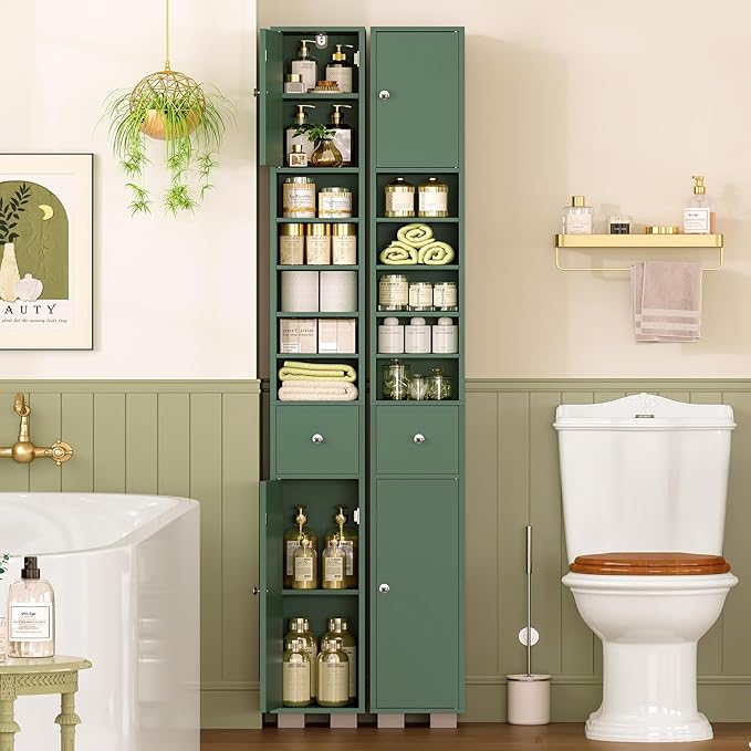 TEENFON Bathroom Cabinet, Narrow Bathroom Storage Cabinet with 5 Adjustable Shelves & Drawer, Freestanding Cupboard for Small Spaces, Green