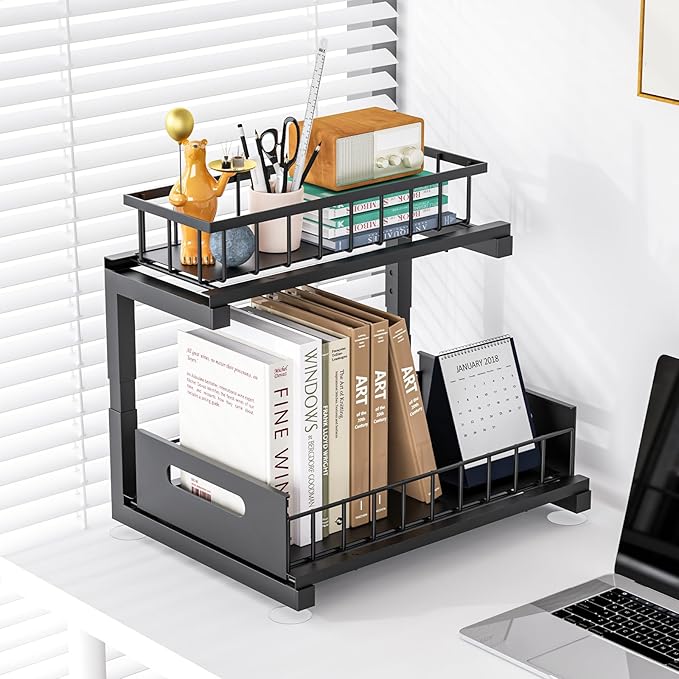 Under Sink Organizer, Heavy Duty Metal Pull Out Cabinet Organizer Slide Out Sink Shelf Organizer Height Adjustable, Multi-Purpose Storage Shelf for Kitchen Bathroom(Black,2Pack)
