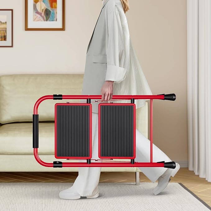 KINGRACK Step Ladder, Folding Ladder with Non-Slip and Wide Pedal, Small Ladders with Handle, Heavy Duty Steel Ladder, Lightweight Step Ladder (Red, 2 Step Ladder)