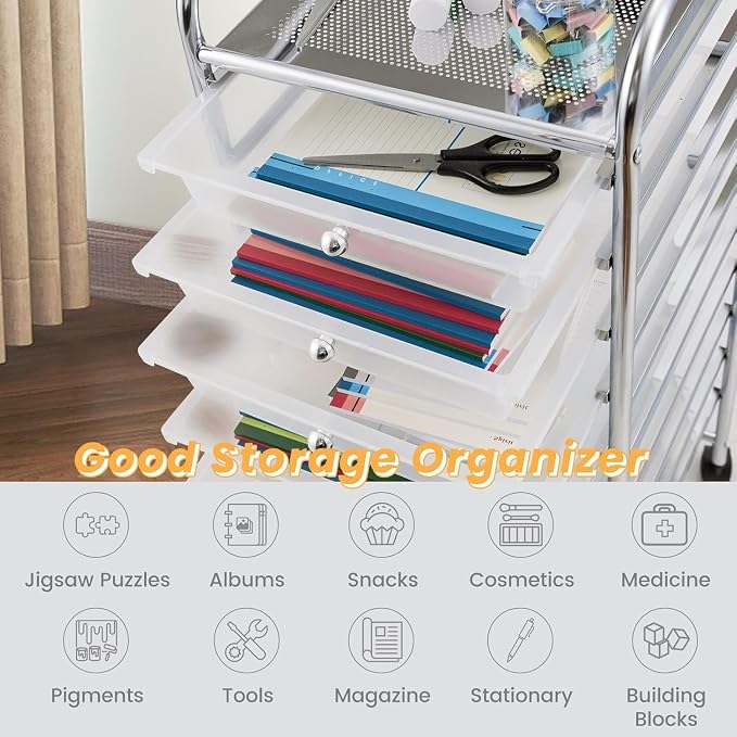 10-Drawer Rolling Storage Cart, Trolley w/Lockable 360° Wheels, 10 Removable PP Drawers, Sturdy Metal Frame, Rolling Utility Cart Perfect for Home, Office, Classroom (Clear)