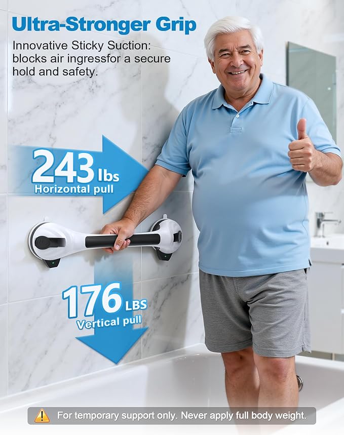 Grab Bars for Shower and Bathtubs 16.7 Inch, Shower Handle with Indicators, Suction Cup Handle for Shower Chair Stool, Safety Gifts for Seniors, Elderly & Handicap, 2 Pack