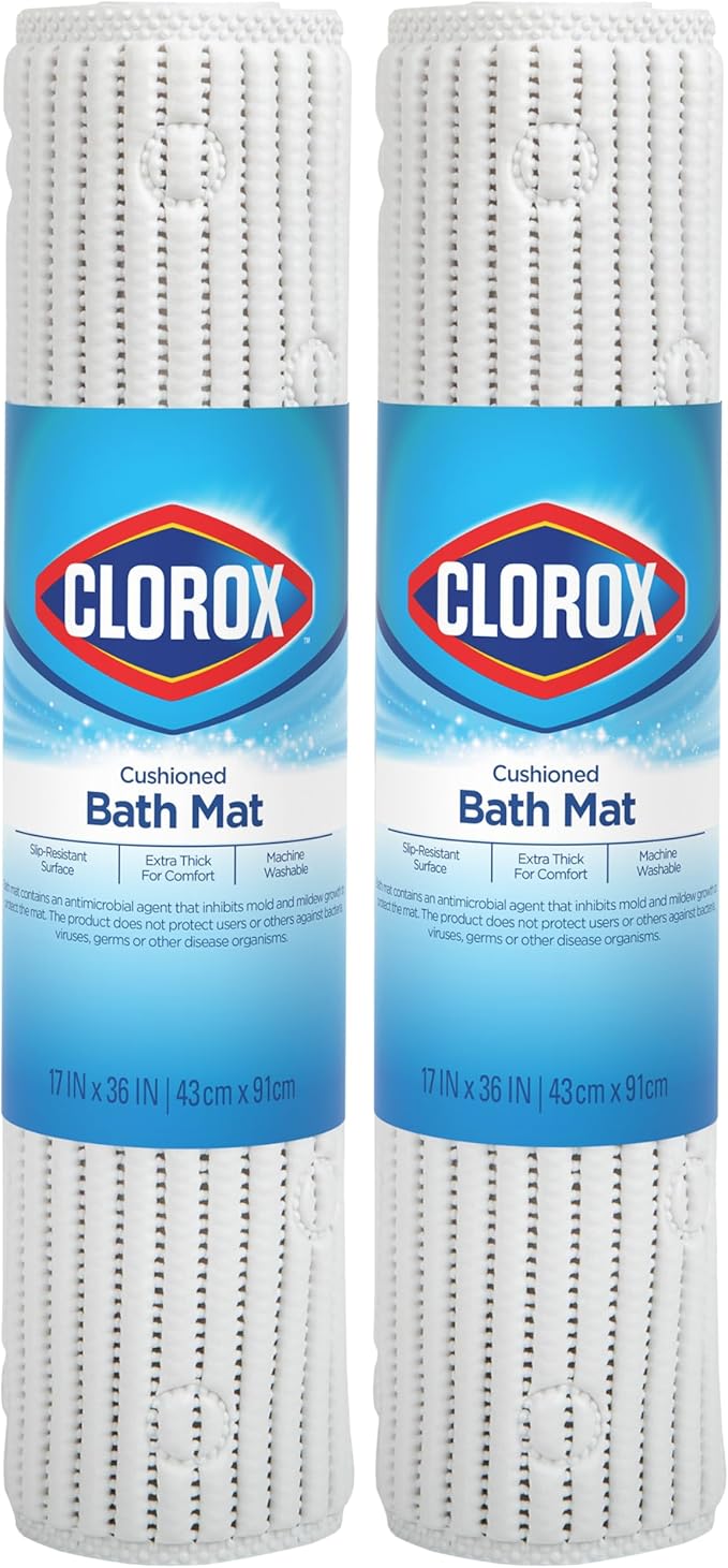 Duck Brand Clorox Cushioned Shower Mat, Non Slip Bathtub Mat with Suction Cups, 17 Inches x 36 Inches, White, 2 Pack