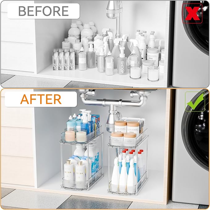Yieach 3 Pack 13.8″ Deep 2 Tier Under Sink Storage Organizer,Large Pull Out Bathroom Organizers and Storage,Slide Out Acrylic Undersink Storage Shelf,Kitchen Under Sink Organizer for Cleaning Products