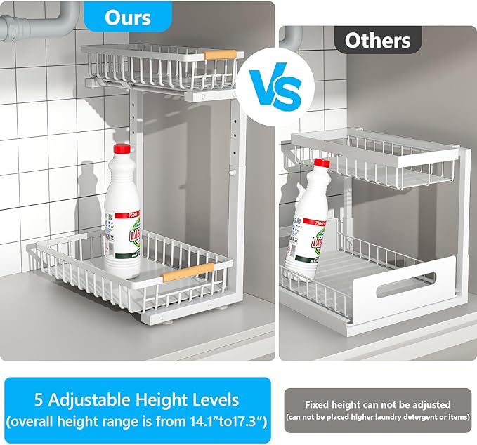 Merrylun Under Sink Organizers,5 Adjustable Height，Metal Pull Out Under Sink Organizers and Storage Shelves with Sliding Drawer, White 1pack（Hight 13.6″-16.9″）