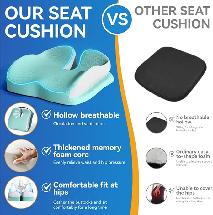 Seat Cushions for Office Chairs Wheelchair Cushion for Long Sitting Back Pain，Memory Foam Seat Car Computer Desk Chair Cushion，Coccyx Cushion for Tailbone Pain Relief Cushion Office Chair Green