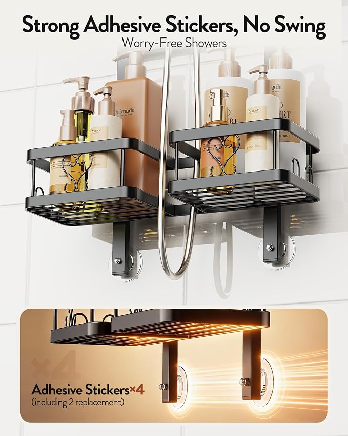 Orimade Adjustable Hanging Shower Caddy for Handheld Shower Heads, Rustproof Bathroom Shelf Organizer Over Showerhead Storage Rack with 8 Hooks, Easy-Clean Removable Baskets & Triple Anti-Slip Fixing