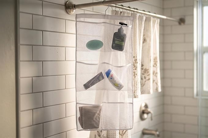 ALYER 6 Storage Pockets Hanging Mesh Shower Caddy,Space Saving Bathroom Accessories and Quick Dry Bath Organizer with Hanger,White