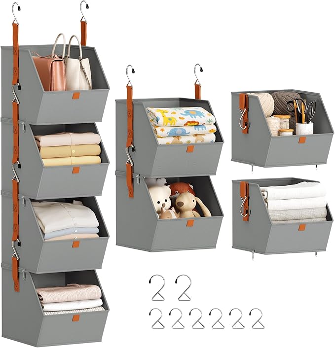 Homsorout Hanging Closet Organizer 4 Tier - Clothes Hanging Shelves, Space-Saving Closet System, Fabric Storage Bins Bedroom Organization, Collapsible Baskets for Home, Dorm, Rv, Grey