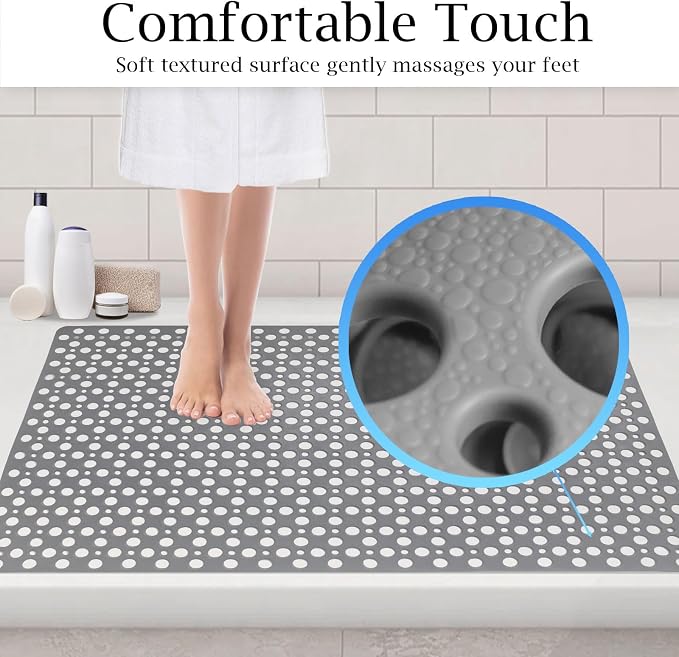 Tiamo Non Slip Large Shower Mat 35.4"*23.6", TPE Bath Mats for Inside Outside Shower,Extra Large Bathtub Mat with Suction Cups and Big Drain Holes