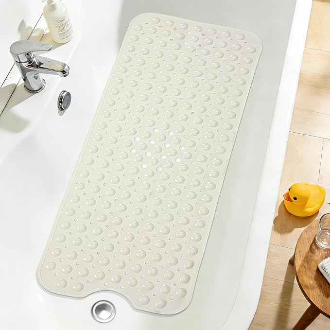Extra Long Bathtub Mat Non Slip, Beige Soft Bath Mat for Tub 40 x 16 Inch Full Size, Bath Tub Shower Mats for Bathroom Floor with Big Suction Cups and Drain Holes, Easy Washable, BPA Free