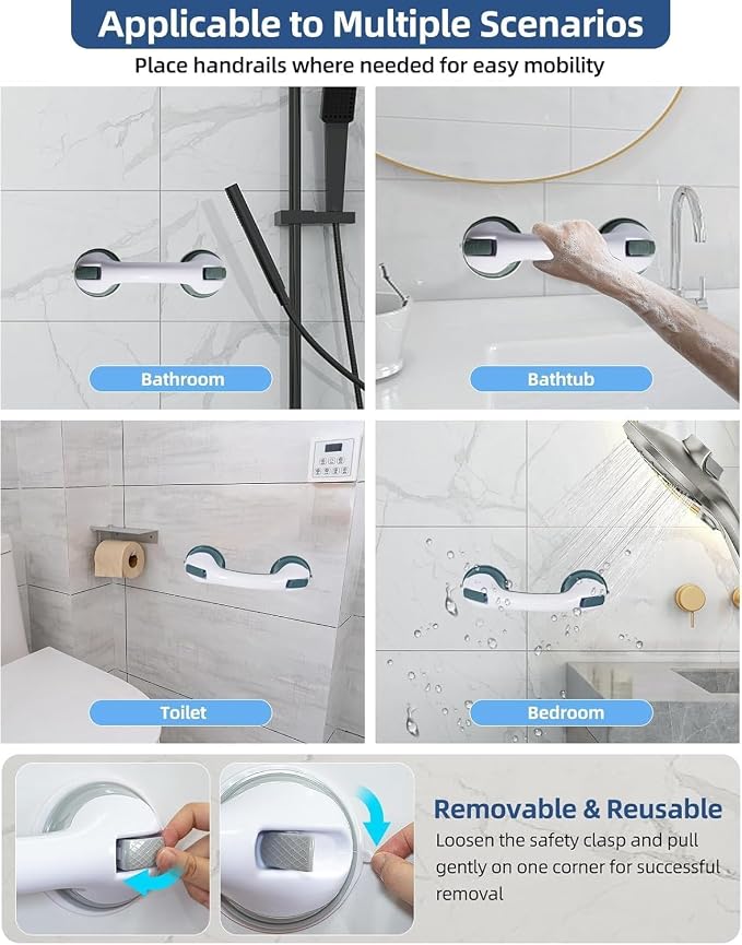 2 Pack 16.12” Grab Bars for Bathtubs and Showers, Shower Handles for Elderly Suction Cup Grab Bars for Shower Wall Heavy Duty, Safety Grab Bar for Seniors Suction Bathroom, No Drilling