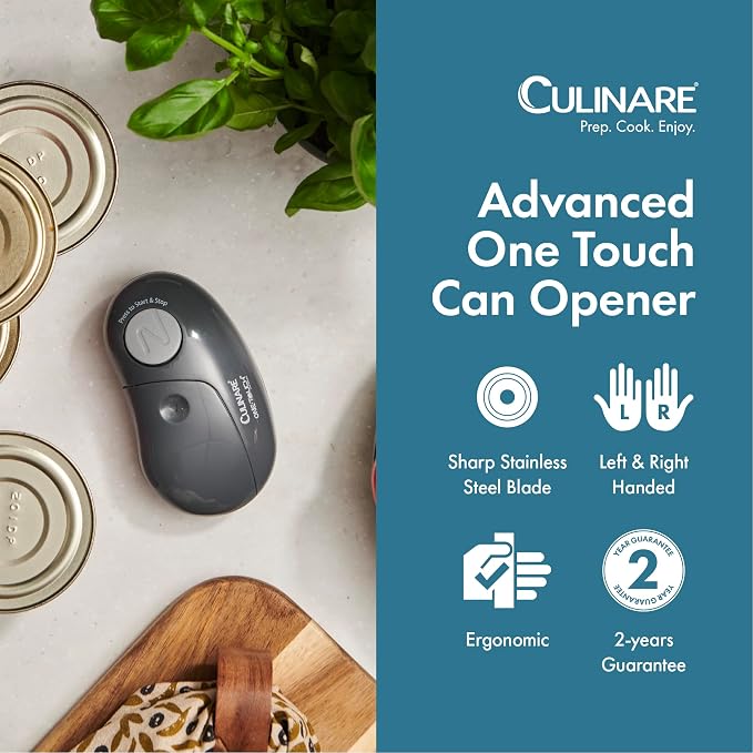 Culinare One Touch Electronic Tin Opener, Grey, Plastic/Stainless Steel, Automatic Can Opener, Battery Operated/Hands-Free Use/Magnetic Lid Removal, Batteries Not Included