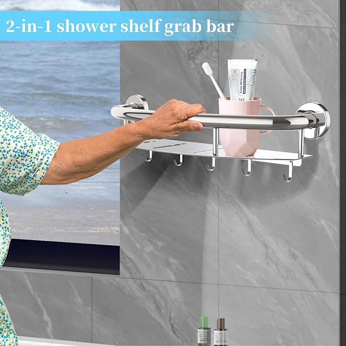 Munzong 18 Inch Shower Grab Bar with Storage Shelf, Chrome Stainless Steel 2 in 1 Bathroom Grab Bar and Hand Rail Support for Elderly and Handicap