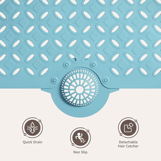 OTHWAY Bath Mat for Tub Non Slip: 39" X 17" Long Bathtub Mat with Hair Catcher│Big Drain Holes Shower Mats for Inside Shower│Machine Washable (Blue)