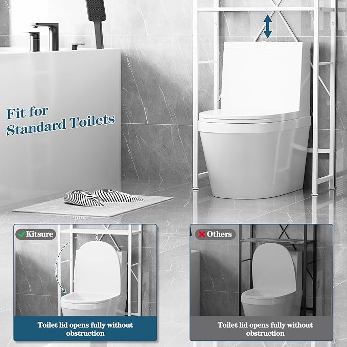 Over The Toilet Storage Cabinet, 3-Tier Bathroom Organizers and Storage with Hooks, Freestanding Shelf Toilet Rack, Small Bathroom Laundry Space Saver with Towel Rack & Toilet Paper Holder(White)