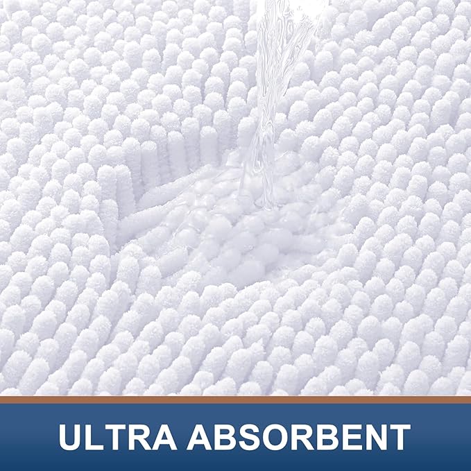 Smiry Luxury Chenille Bathroom Rugs 45x27, Extra Soft and Absorbent Shaggy Bath Mat, Machine Washable, Non-Slip Plush Carpet Runner for Tub, Shower, and Floor, Home Decor Accessories, White