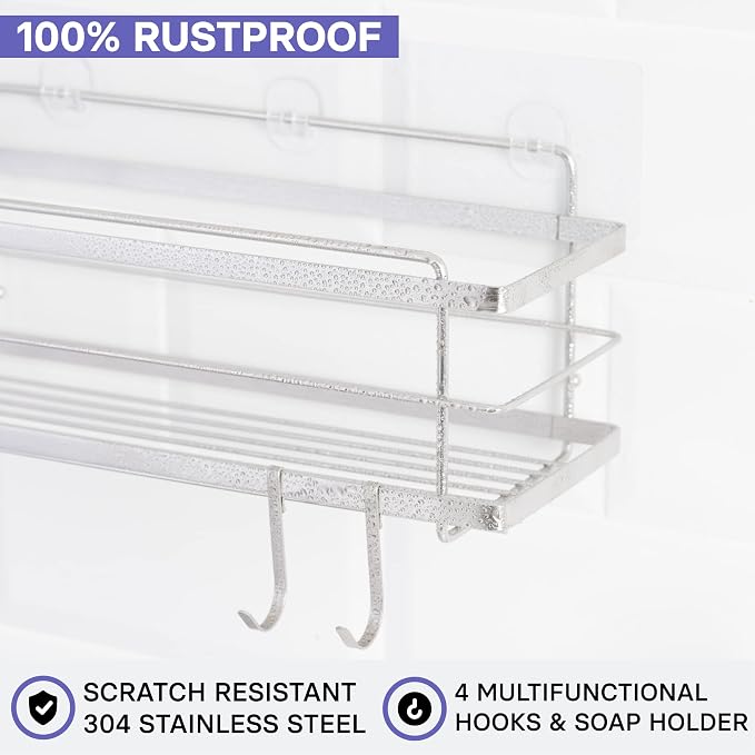 KINCMAX Premium Shower Caddy with Soap Holder, 2-Pack Adhesive Organizer, No Drill Bathroom Shelves, Rustproof Stainless Steel Shelves for Inside Shower, Storage Rack, Silver