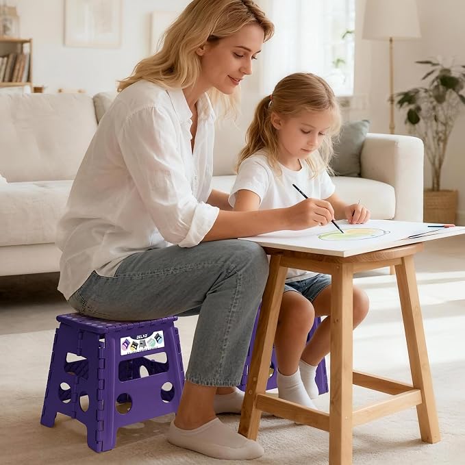Delxo Folding Step Stool, 13 inch Non-Slip Foldable Stools Up to 300 LBS, Step Stool with Handle, Lightweight for Kitchen, Bathroom, Bedroom, Garden, Purple, 1PC