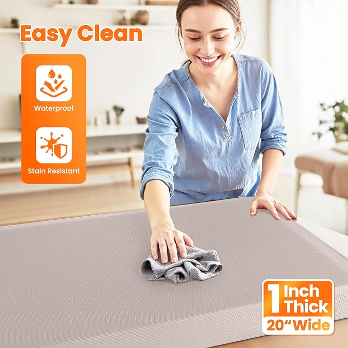 Kitchen Mats for Floor, 1 Inch Extra-Thick Kitchen Rugs, Non-Slip & Waterproof Standing Desk Mat, Comfort Anti Fatigue Mats for Kitchen Floor, Home, Sink, Office (20" X 39", Khaki)