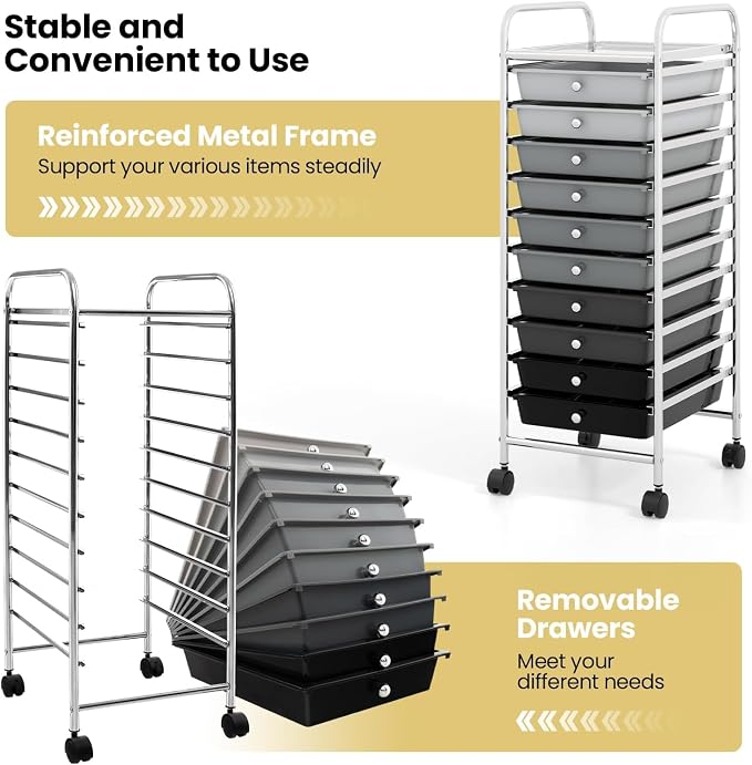 10-Drawer Rolling Storage Cart, Trolley w/Lockable 360° Wheels, 10 Removable PP Drawers, Sturdy Metal Frame, Rolling Utility Cart Perfect for Home, Office, Classroom (Mixed Black)