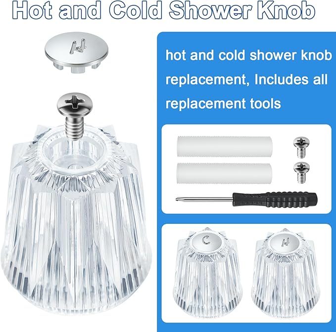 2 Piece Shower Knob Replacement and Flange Base, Clear Acrylic Plastic Hot and Cold Shower Knob Compatible with Price Pfister Contessa and Windsor Bathtub Shower Faucet Handle