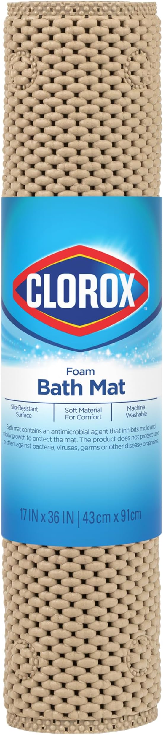 Duck Brand Clorox Cushioned Foam Bath Mat for Tubs, Non-Slip with Suction Cups, 17 Inches x 36 Inches, Taupe