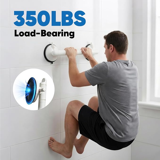 Suction Grab Bars for Shower,18.3 Inch 350 LBS Weight Support Shower Handles with Safety Indicator, Grab Bars for Seniors and Elderly, No Drilling Removable Bathtub Grip, 2 Pack, White