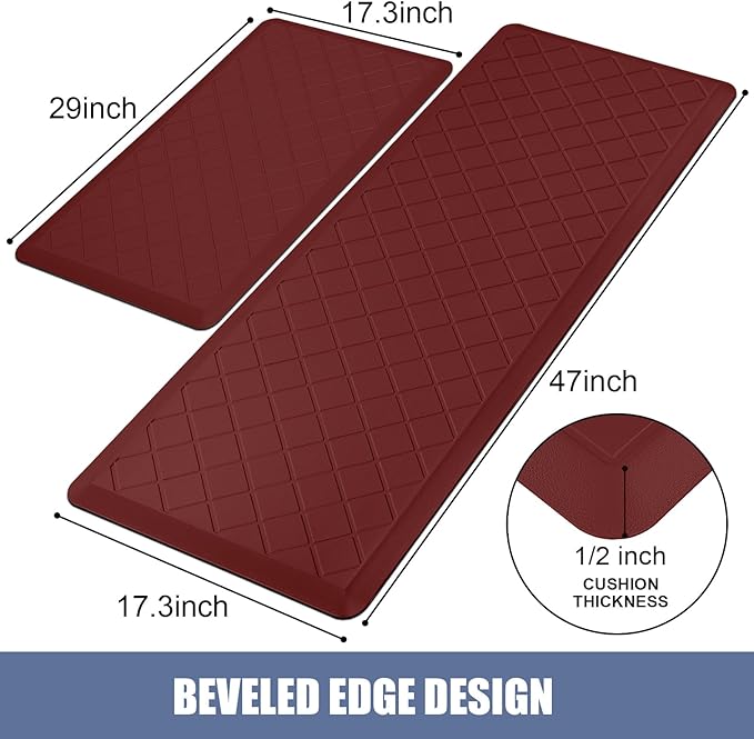 Cushioned Kitchen Mat 2 PCS, Anti Fatigue Kitchen Rugs, Heavy Duty Kitchen Rugs and Mats Non-Skid, Ergonomic Comfort Foam Kitchen Floor Mat for Home, Office, Sink, Laundry, Red