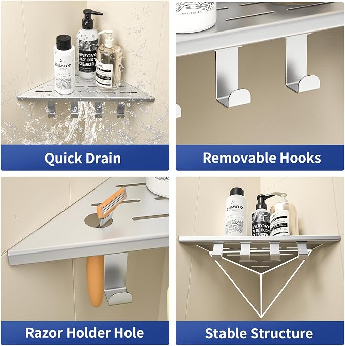 Corner Shower Shelf w/Hooks, Grout in Bathroom Shelves for Tiled Wall, 304 Stainless Steel Recessed Shower Shelf (Brushed, 10''-2pcs)